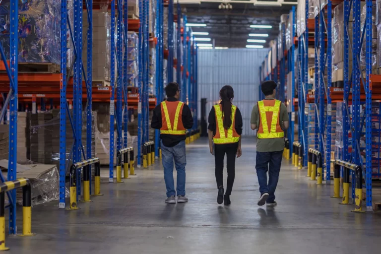 Warehouse team walking between storage racks